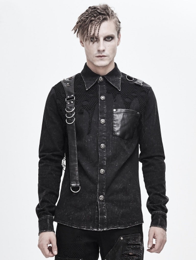 Black Gothic Punk Do Old Denim Long Sleeve Shirt for Men