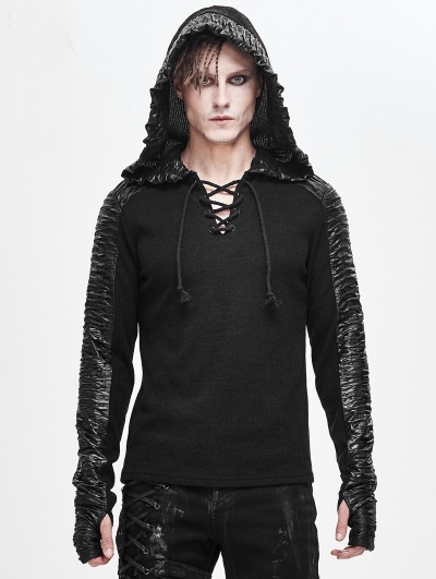 Black Gothic Punk Long Sleeve Hooded T-Shirt for Men
