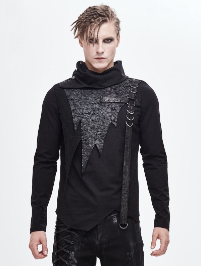 Black Gothic Punk High Neck Long Sleeve Irregular T-Shirt for Men