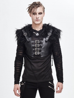 Black Gothic Punk PU Leather Faux Fur Cape for Men