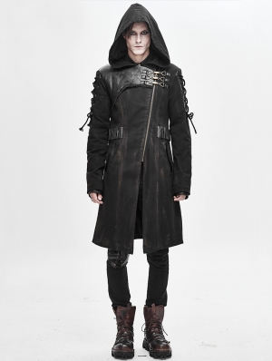 Black Gothic Punk Military Uniform Hooded Long Coat for Men