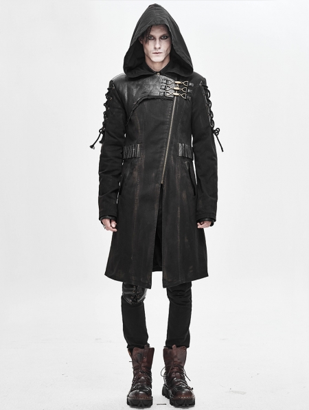 Black Gothic Punk Military Uniform Hooded Long Coat for Men ...