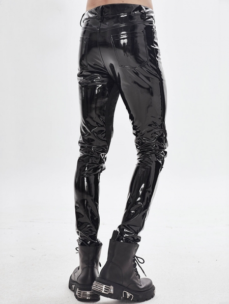 Black Gothic Punk Latex Long Pants for Men - Devilnight.co.uk