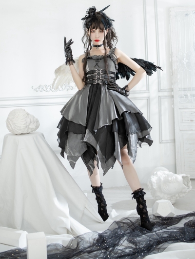 The Lust Irregular skirt hem Grey and Black Gothic Lolita JSK Dress