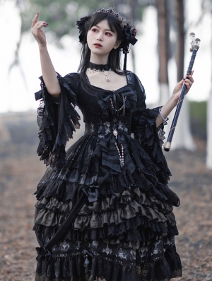 The light of day and night Gorgeous Hime Sleeve Black Gothic Lolita OP Dress Set
