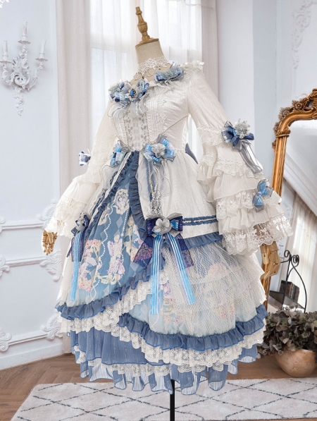 Vivian White And Blue Long Sleeve Classic Lolita Tea Party OP Dress ...