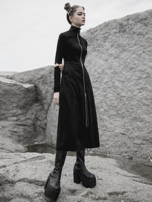 Black Street Fashion Gothic Grunge Slim Casual Long Trench Coat for Women