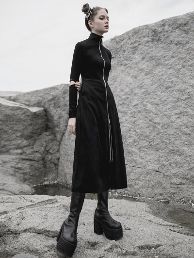 Black Street Fashion Gothic Grunge Slim Casual Long Trench Coat for Women