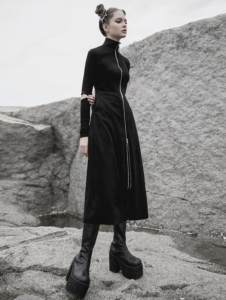 Black Street Fashion Gothic Grunge Slim Casual Long Trench Coat for Women