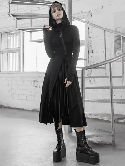 Black Street Fashion Gothic Grunge Slit Casual Long Hooded Trench Coat for Women