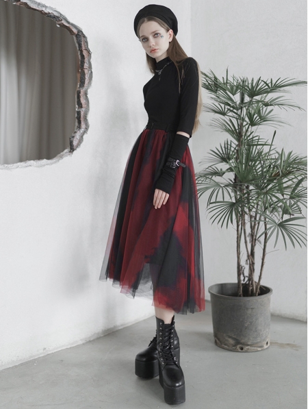 Black and Red Street Fashion Gothic Grunge Casual Long Tulle Skirt ...