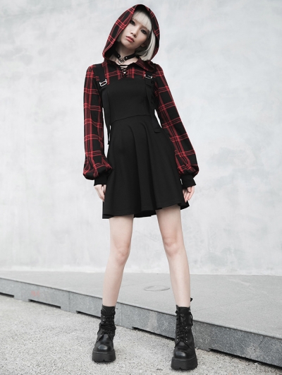 Black and Red Plaid Street Fashion Gothic Grunge Fake Two-Piece Hooded Casual Dress