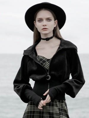 Black Street Fashion Gothic Grunge Velvet Hooded Short Casual Jacket for Women