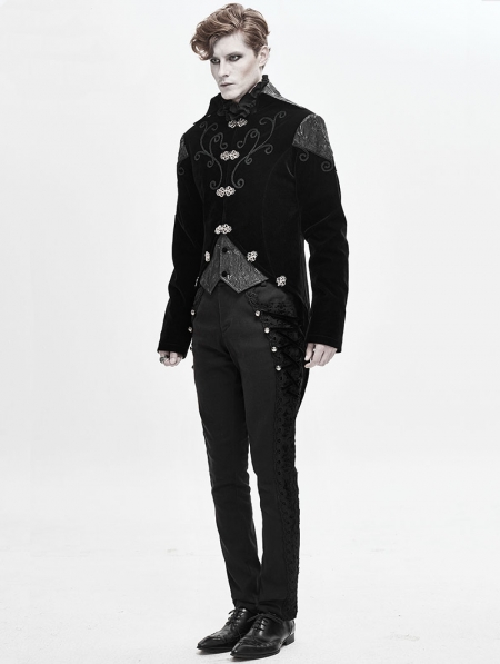 Black Velvet Retro Gothic Swallow Tail Coat for Men - Devilnight.co.uk