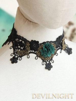 Black Lace Green Flower Gothic Necklace