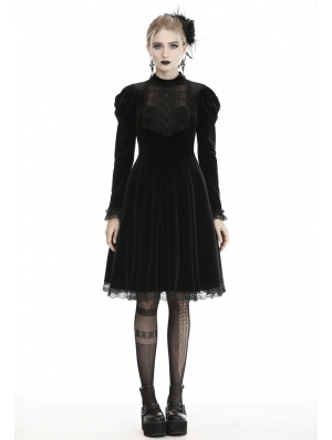 Black Gothic Doll Velvet Long Sleeves Midi Dress