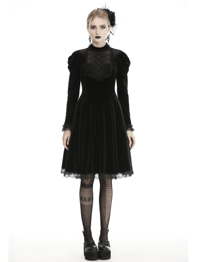 Black Gothic Doll Velvet Long Sleeves Midi Dress