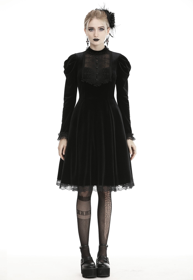 Black Gothic Doll Velvet Long Sleeves Midi Dress