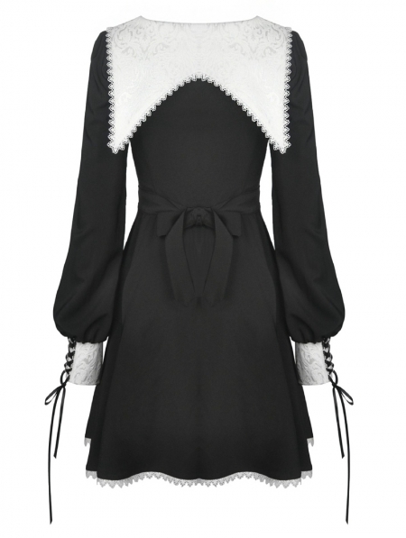 Black and White Gothic Cross Long Sleeve Short Dress - Devilnight.co.uk