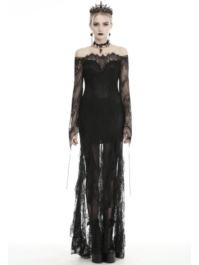 Black Romantic Gothic Lace Off-the-Shoulder Long Fishtail Dress