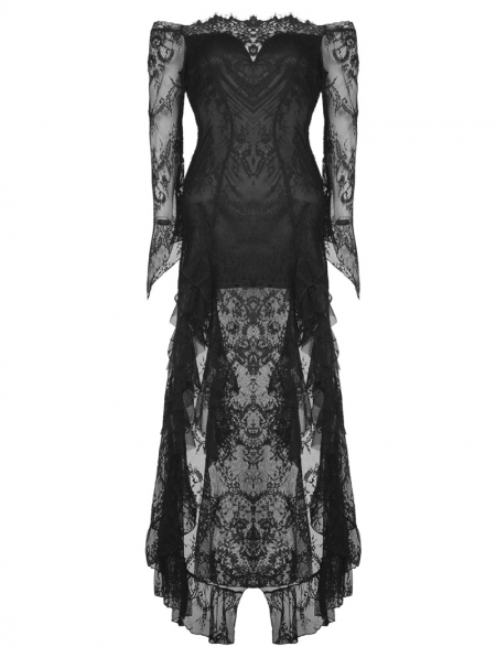 Black Romantic Gothic Lace Off-the-Shoulder Long Fishtail Dress ...