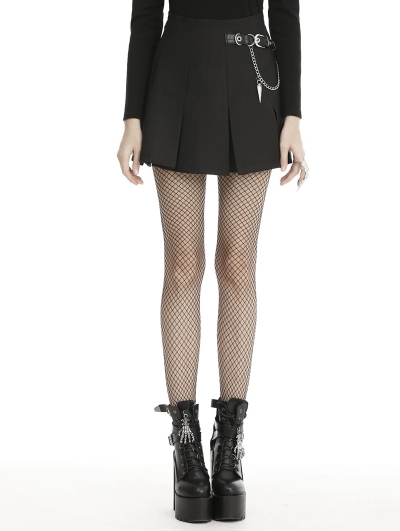 Black Gothic Grunge Punk Metal Chain Pleated Mini Skirt
