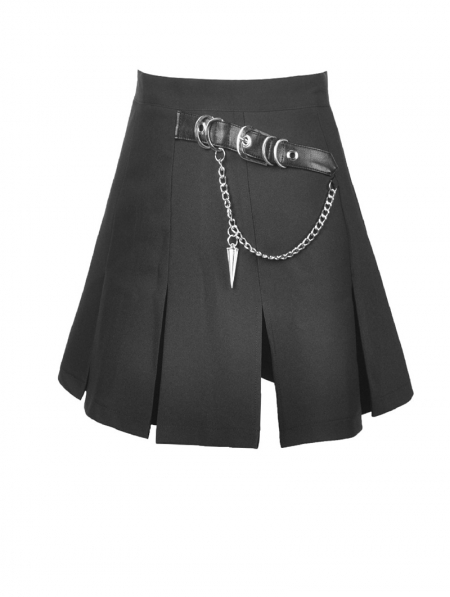 Black Gothic Grunge Punk Metal Chain Pleated Mini Skirt - Devilnight.co.uk