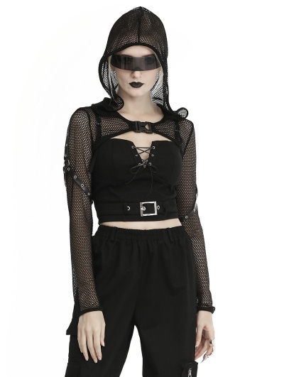 Black Gothic Punk Fishnet Hooded Cape for Women