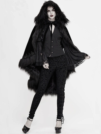 Black Gothic Gorgeous Velvet Winter Warm Hooded Fur Cloak for Women