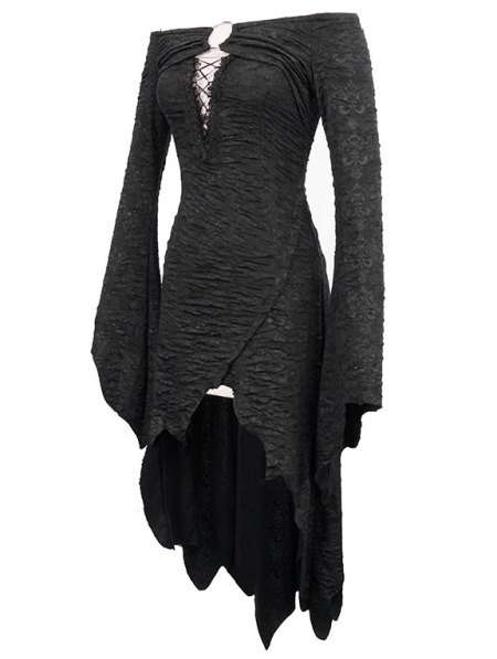 Black Sexy Gothic Off-the-Shoulder Irregular Long Sleeve High-Low Dress ...