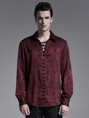Dark Red Gothic Jacquard Long Sleeve Casual Shirt for Men