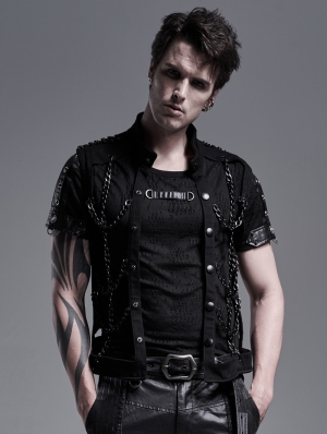 Black Gothic Punk Metal Hollow-out Chain Vest Top for Men