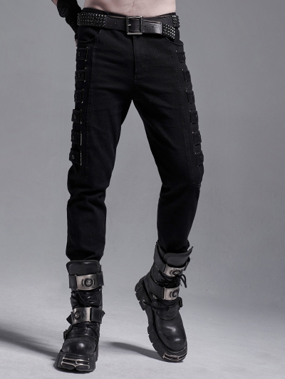 Black Gothic Punk Metal Long Casual Slim Pants for Men - Devilnight.co.uk