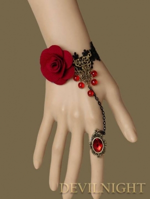 Gothic Black Lace Red Flower Pendant Bracelet Ring Jewelry 