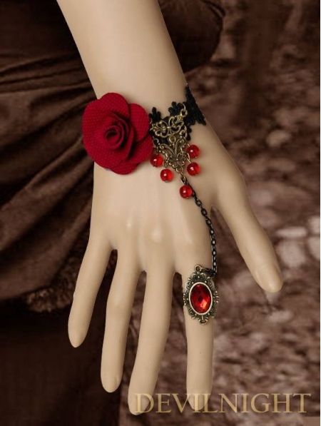 Gothic Black Lace Red Flower Pendant Bracelet Ring Jewelry - Devilnight ...