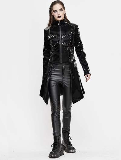 Black Gothic Punk Rivet Splicing Long Sleeve PU Jacket for Women ...