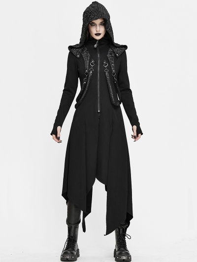 Black Gothic Punk Irregular Long Sleeve Hooded Coat for Women