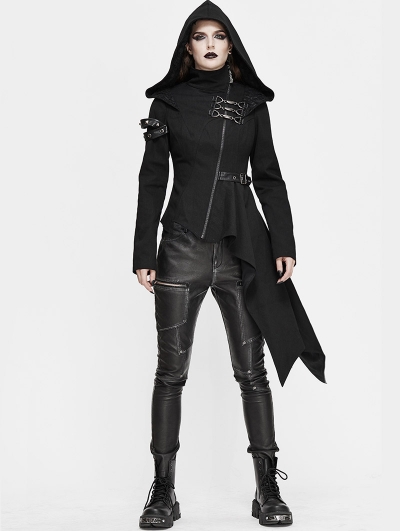 Black Gothic Punk Long Sleeve Hooded Asymmetric Coat for Women