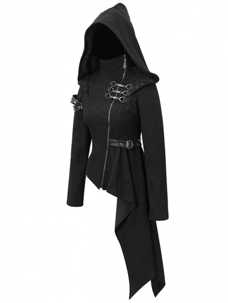 Black Gothic Punk Long Sleeve Hooded Asymmetric Coat for Women ...