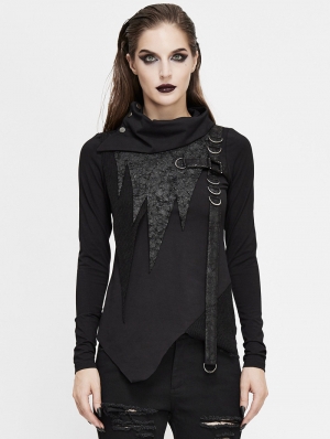 Black Gothic Punk High Neck Long Sleeve Irregular T-Shirt for Women