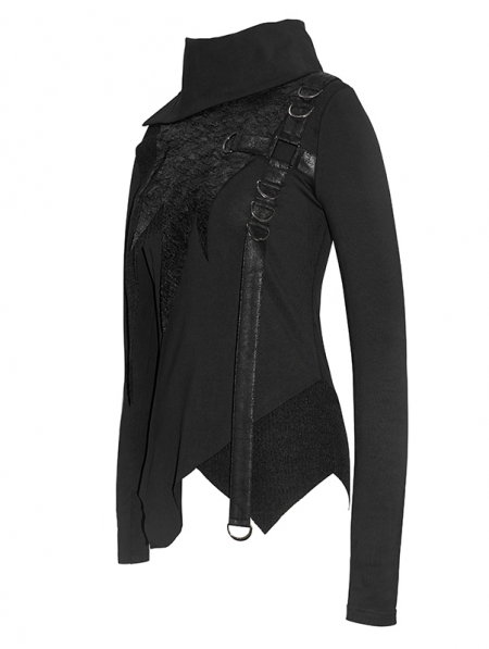 Black Gothic Punk High Neck Long Sleeve Irregular T-Shirt for Women ...