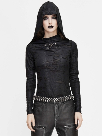 Black Gothic Punk Long Sleeve Hooded T-Shirt for Women