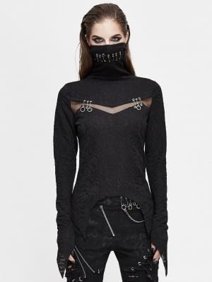 Black Gothic Punk Jacquard Mask Hollowed-out Long Sleeve T-Shirt for Women