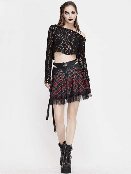 Black and Red Street Fashion Gothic Grunge Punk Plaid Mini Skirt ...