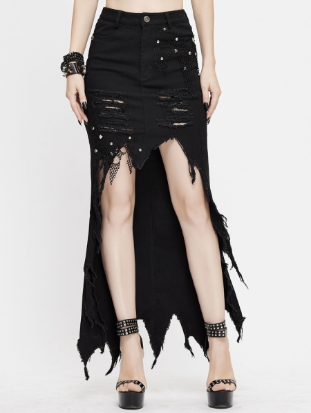 Black Fashion Gothic Punk Irregular High-Low Casual Denim Skirt ...