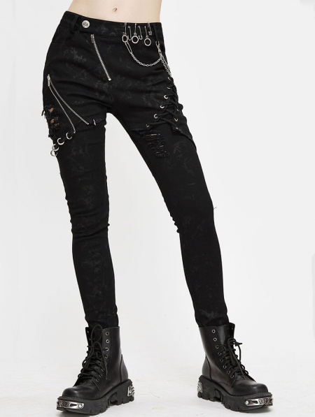 Black Gothic Punk Slim Long Casual Pants for Women - Devilnight.co.uk