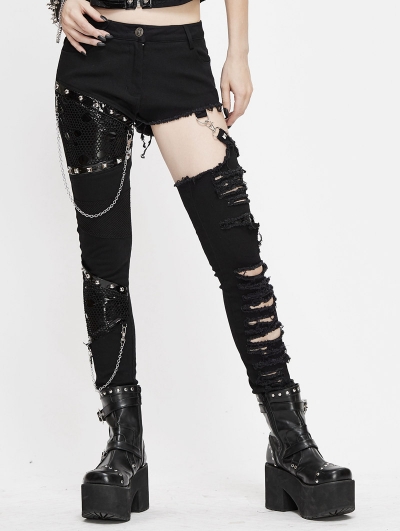 Black Gothic Punk Rock Asymmetric Long Slim Pants for Women