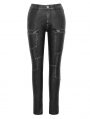 Black Gothic Punk PU Leather Long Slim Pants for Women