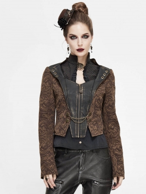 Brown Vintage Steampunk Jacquard Short Jacket for Women