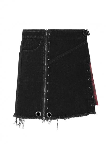 Black and Red Plaid Gothic Grunge Irregular Mini Skirt - Devilnight.co.uk
